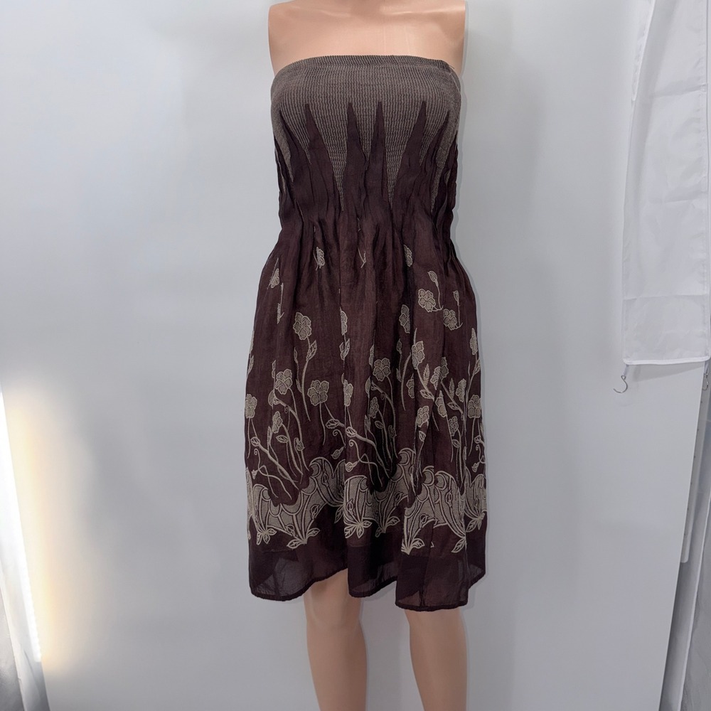 OS Y2K Brown Floral Strapless Smocked Tube Dress Fairycore Cottagecore Festival